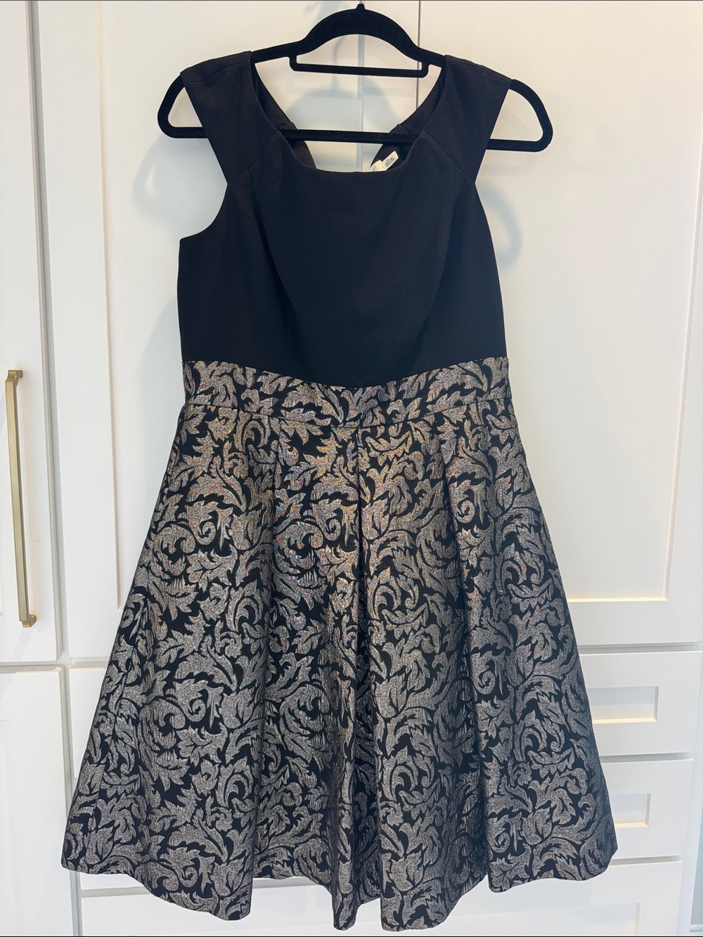 Eliza J Black and Silver Brocade Fit-and-Flare Dress